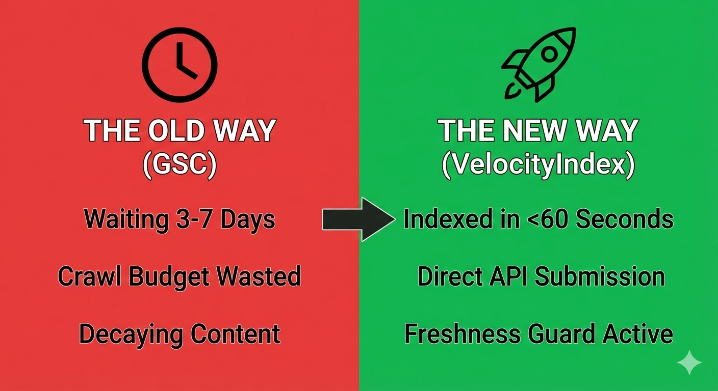 VelocityIndex vs Google Search Console — indexing speed comparison infographic